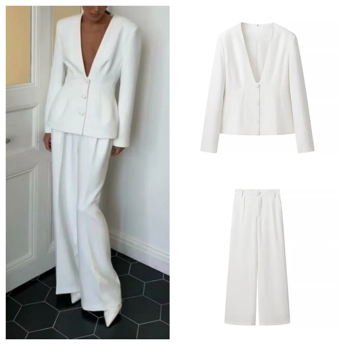 Temperament commuting high-end white two-piece suit for women with deep V-neck suit top and high-waisted suit wide-leg pants