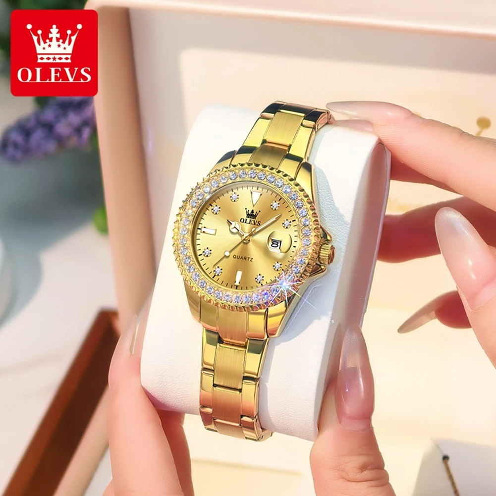 OLEVS 9945 Elegant Original Watches For Woman Quartz Watch Waterproof Luminous Automatic Date Ladies Watch Gifts Diamond Bezel