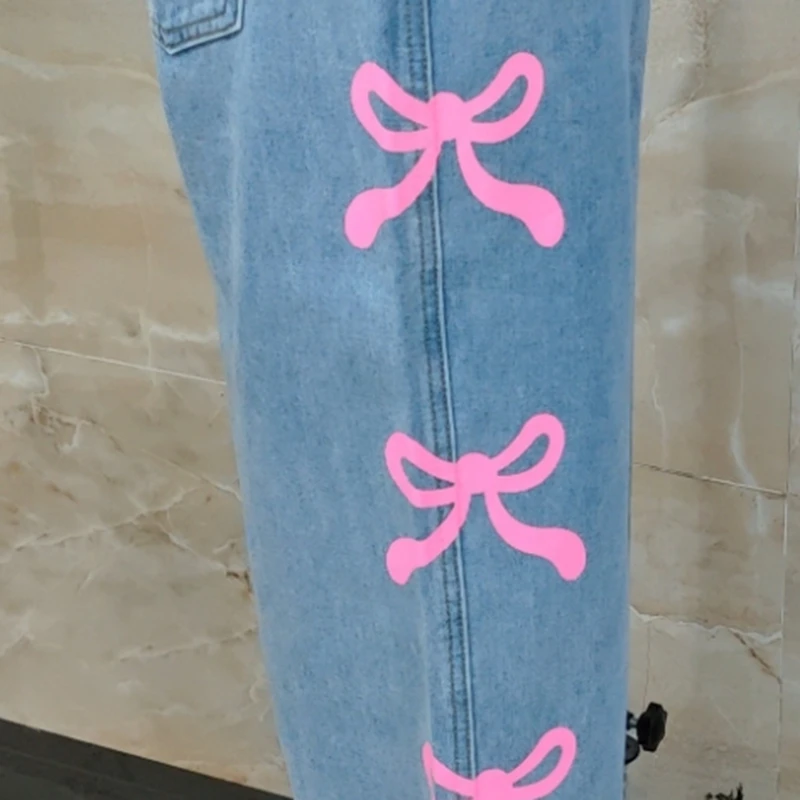 

Женские джинсовые брюки с вышивкой бантом, модные свободные широкие джинсы с высокой талией, брюки