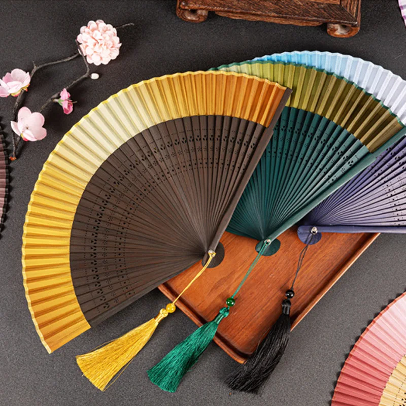 Chinese Bone Bamboo Folding Fan Antique Silk Fan Home Living Room Decoration Craft Ornament Gifts For Guest Wood Dance Handheld