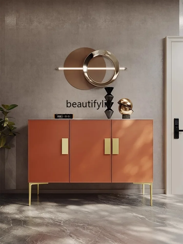 

4yj15Italian-Style Light Luxury Saddle Leather Entrance Cabinet Shoe Cabinet Door Integrated Wall Modern Simple New Wine Cabinet