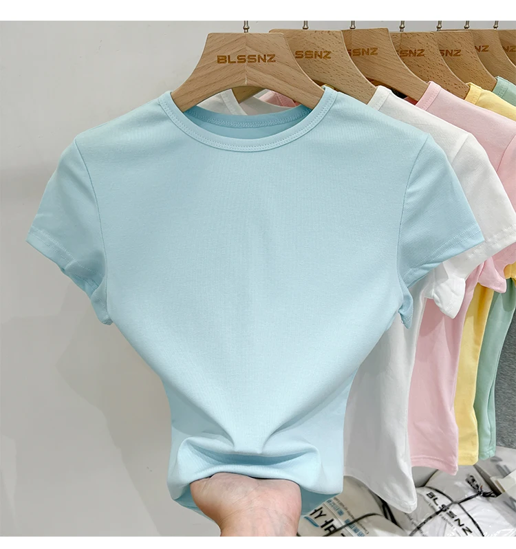 Zjaiss 2026 Sommer Neues Design Slim Fit Basic Top Trendiges Damen Baumwoll-Kurzarm-T-Shirt Einfarbig Vielseitiges O-Neck Tee – Detail 15
