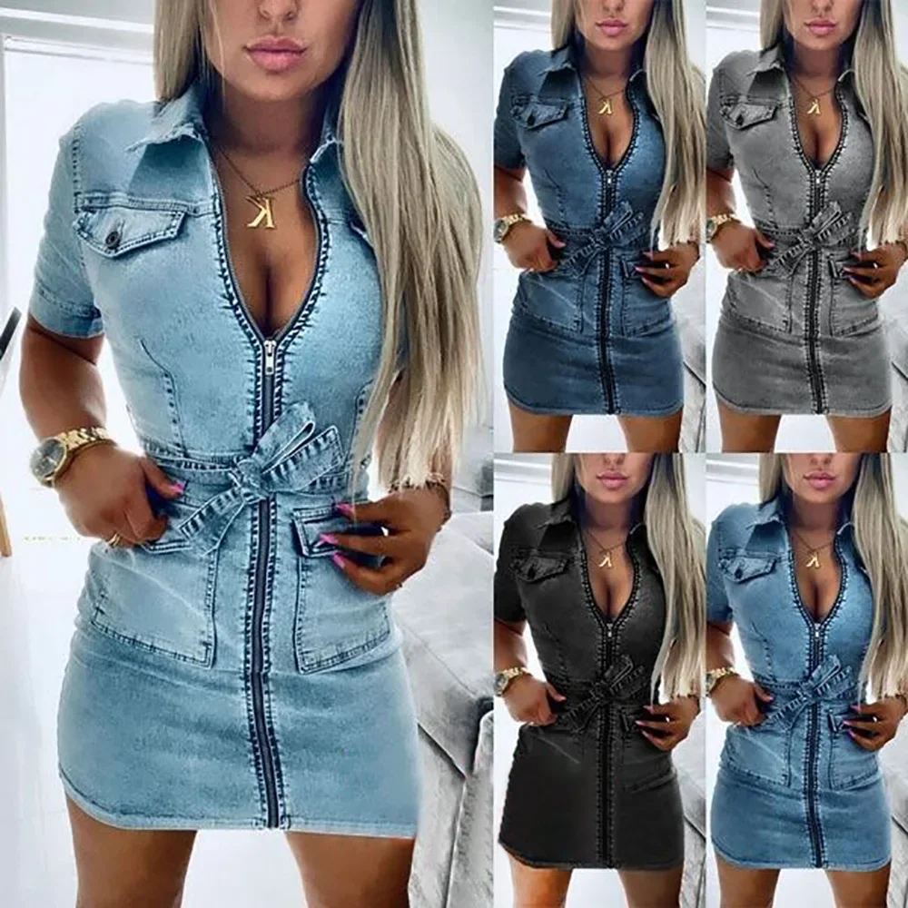 

Women Denim Dresses Zipper Solid Color Dress Turn Down Collar Belt Streetwear Pockets Short Sleeve Slim Fit Sexy Autumn