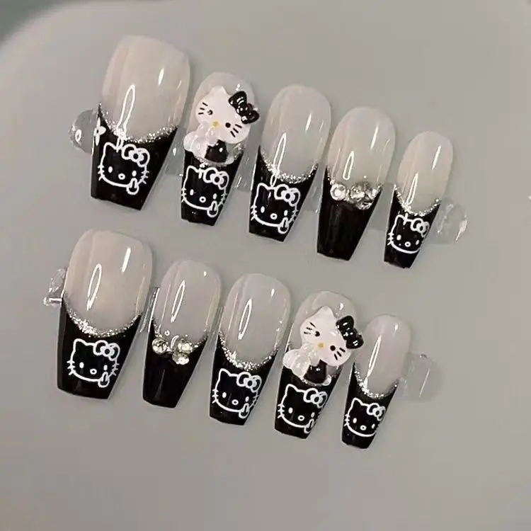 Kawaii Cute Sanrio Hello Kitty Handwork Press-on Nails Schoolgirl Attachment Decoration Fake Nails Sweet Cute Festivals Gift