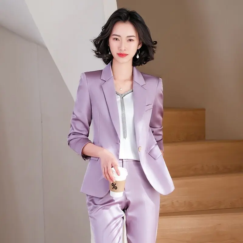 

Senior Satin Silk Women Blazer Luxury Suit Trousers Set Purple Oversized Office Lady Elegant Coat Business Single Button Jackets
