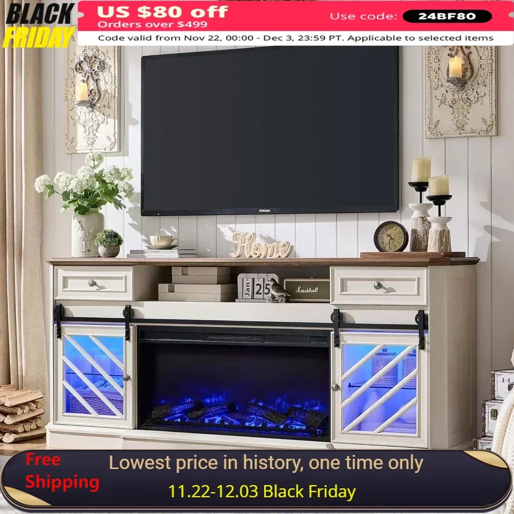 TV Stand with Drawers Storage Armhouse Farmhouse Fireplace TVs Stand for 85 Inch TVs Electric Fireplace TV Console