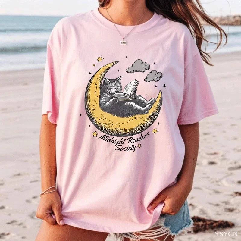 Midnight Readers Society Cat T Shirt Comfort Book Lovers Tshirt Cute Literary Tee Bookish Tee-Shirt Casual Cotton Short Sleeve
