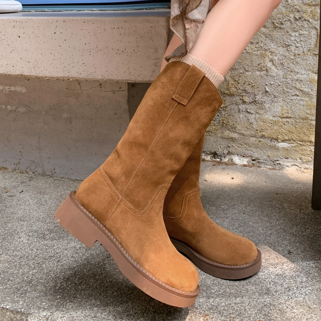 

Women's natural suede leather round toe slip-on autumn mid-calf boots high quality soft comfortable casual female half boots hot