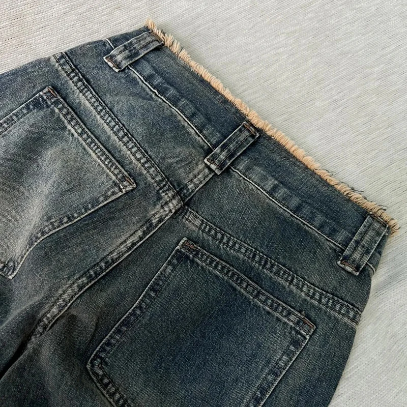 American Vintage Street Jeans Women Big Pocket Casual High Waisted Cargo Pants Frayed Hem Harajuku Y2K Flared Denim Trousers