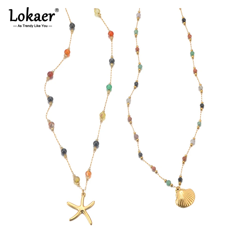 Lokaer Bohemian Bunte Stein Seestern Shell Anhänger Halskette für Frauen Edelstahl Sommer Strand Schmuck Urlaub N25101
