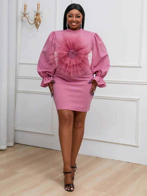 Women s Pink Mini Dress with Big Rose Flower High Neck Long Sleeve Bodycon Cocktail Short Gowns Fall 2024 Party Wedding Clubwear AliExpress