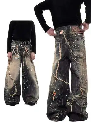 

Retro Street Loose Casual Men's 3D Chain Printed Contrast Color Jeans Niche Design High Waist Casual Denim Pants Trendy