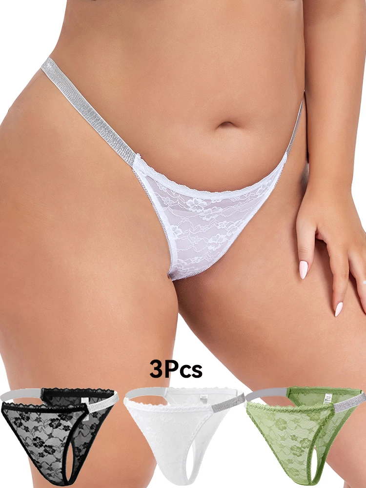 3-teilige sexy Spitzen-Tangas für Damen in Übergröße, atmungsaktive und bequeme Stretch-Unterwäsche, mit Spitzenbesatz und elegantem Design