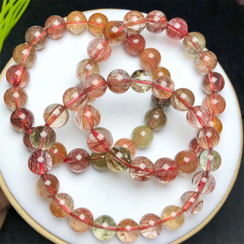 Natural Colored Rutilated Quartz Bracelet Gemstone Round Bead Crystal Healing Gemstone Bracelet Jewelry Gift 1PCS 10/12MM