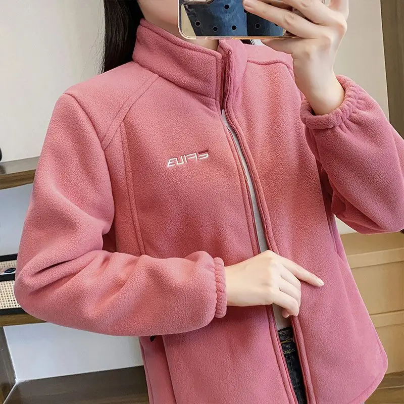 Women's Plush Velvet Thickened Sweatshirt Fleece Spring Autumn Outdoor Jacket Casual Warm Standing Collar Inner Lid