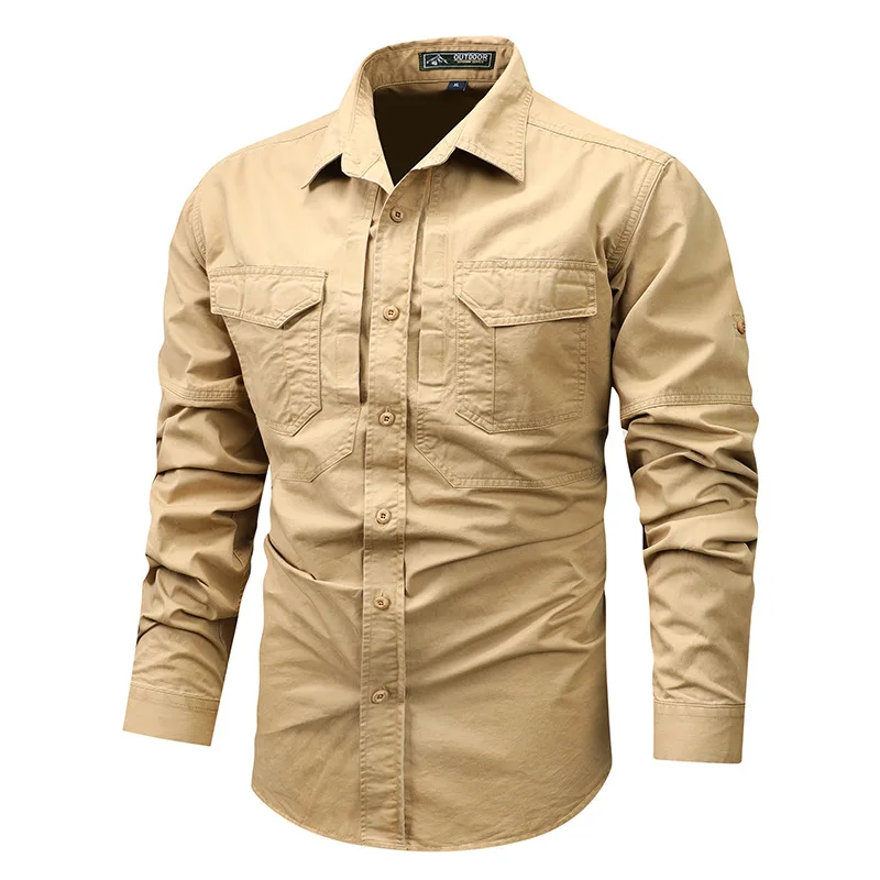 Men'smulti pocket American long sleeved shirt, suitable for outdoor summer ice silk quick drying work clothes,pure cotton jacket