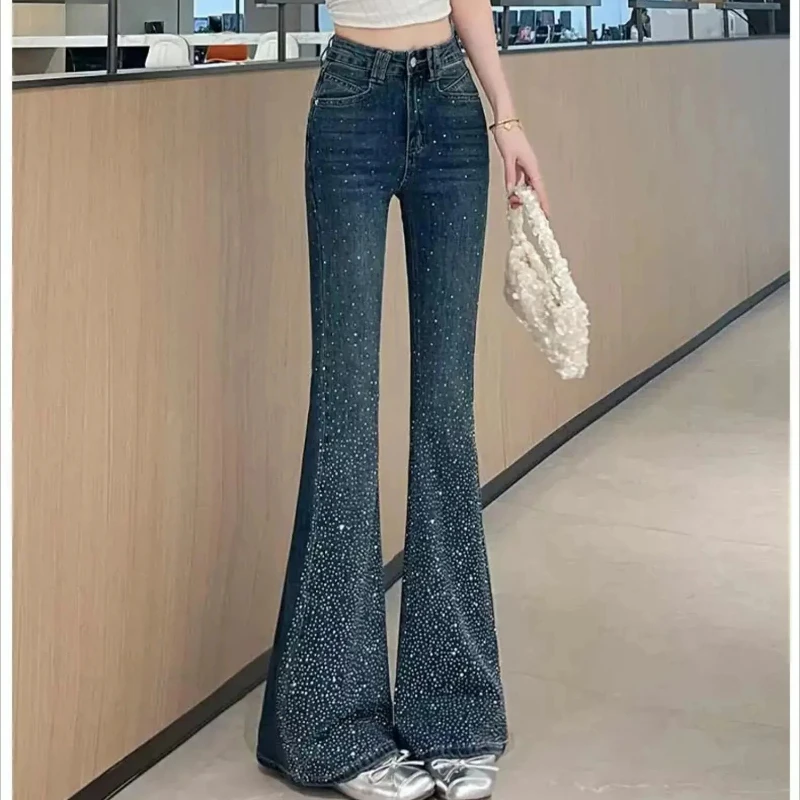 Women's Vintage Skinny Flare Jeans All‑Over Hot‑Fix Rhinestone Embellishment Butt‑Lifting Slim Fit Floor‑Length Trendy Pants