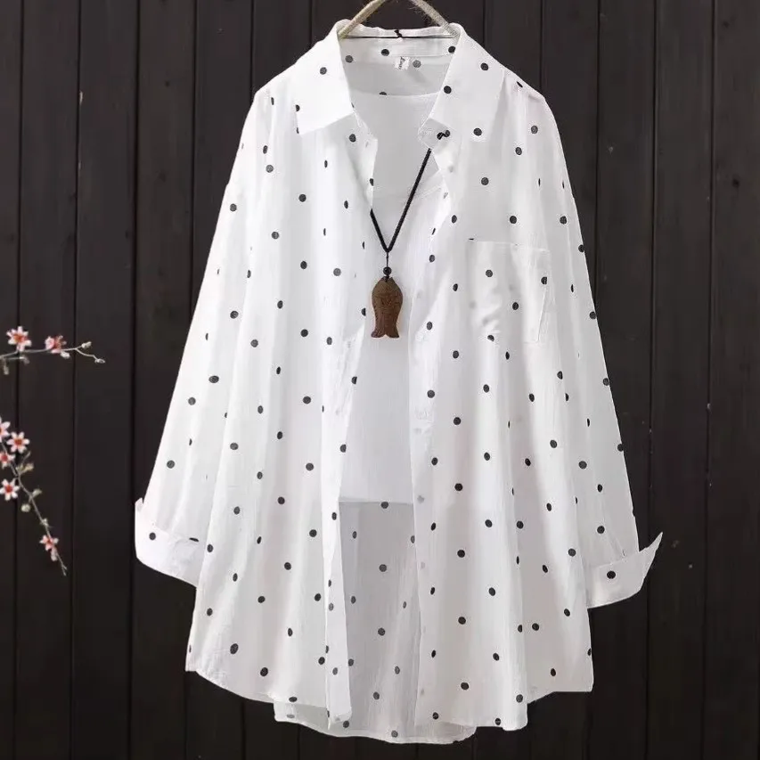 

Summer Women's Clothing Polka Dot Print Long Sleeve Loose Fit Shirt For Woman Lightweight Open Front Blouse Polyester Fabric