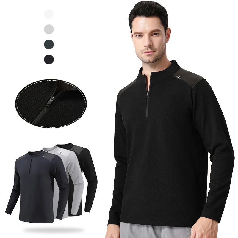 

(M-3XL)Мужская рубашка с длинным рукавом на молнии для фитнеса, осенне-зимние впитывающие пот, быстросохнущие для езды на велосипеде, рыбалки, бега и тренировок