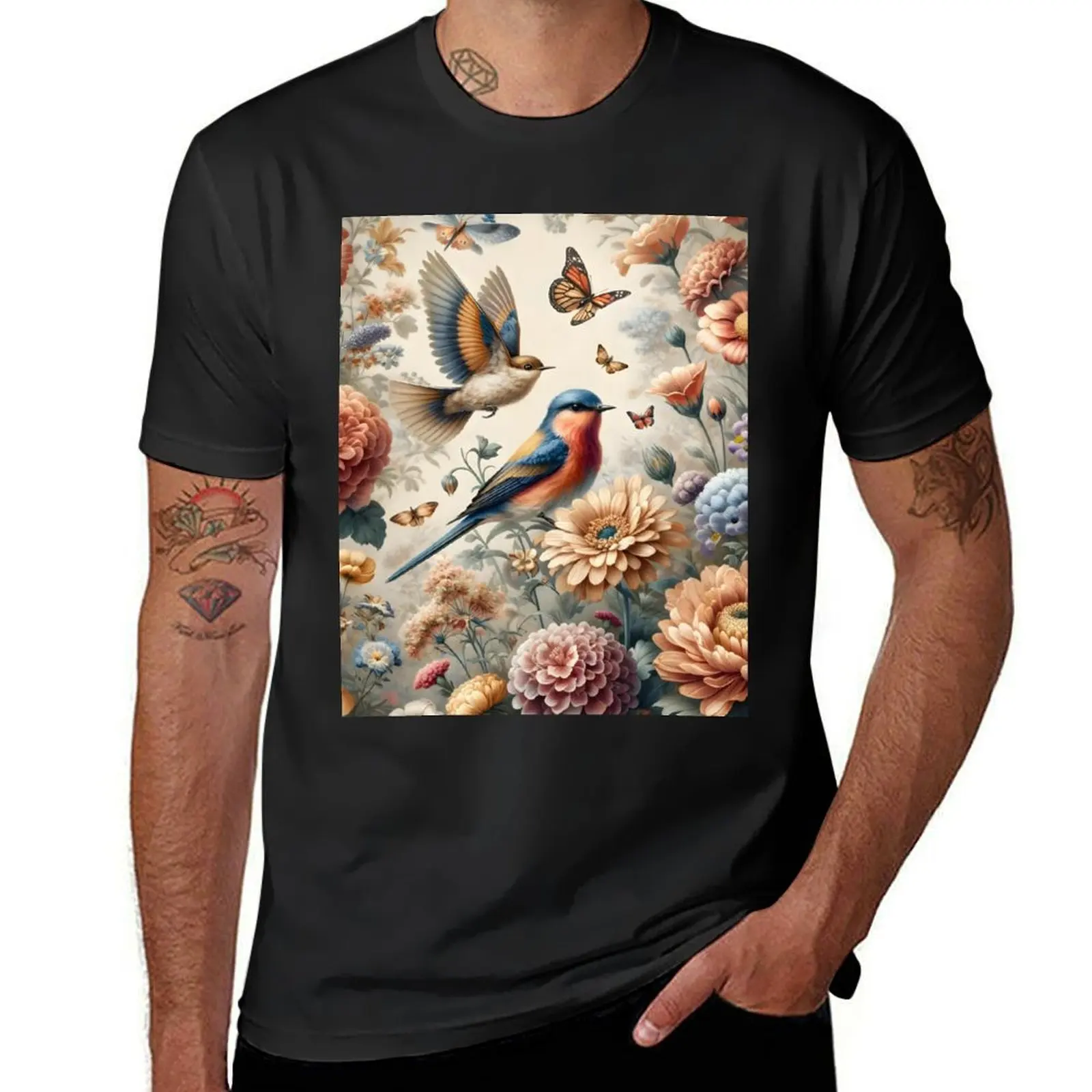 Botanical Elegance Bird Fabric - Nature's Symphony in Bloom T-Shirt anime figures sweat customizeds tops sweat shirts, men