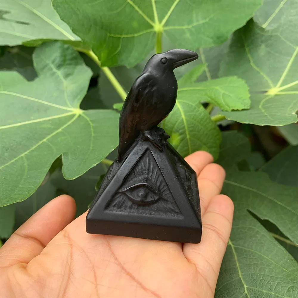 Natural Black Obsidian Raven Pyramid Statue Hand Carved All Seeing Eye Figurine Wiccan Altar Ornament Spiritual Protection Decor