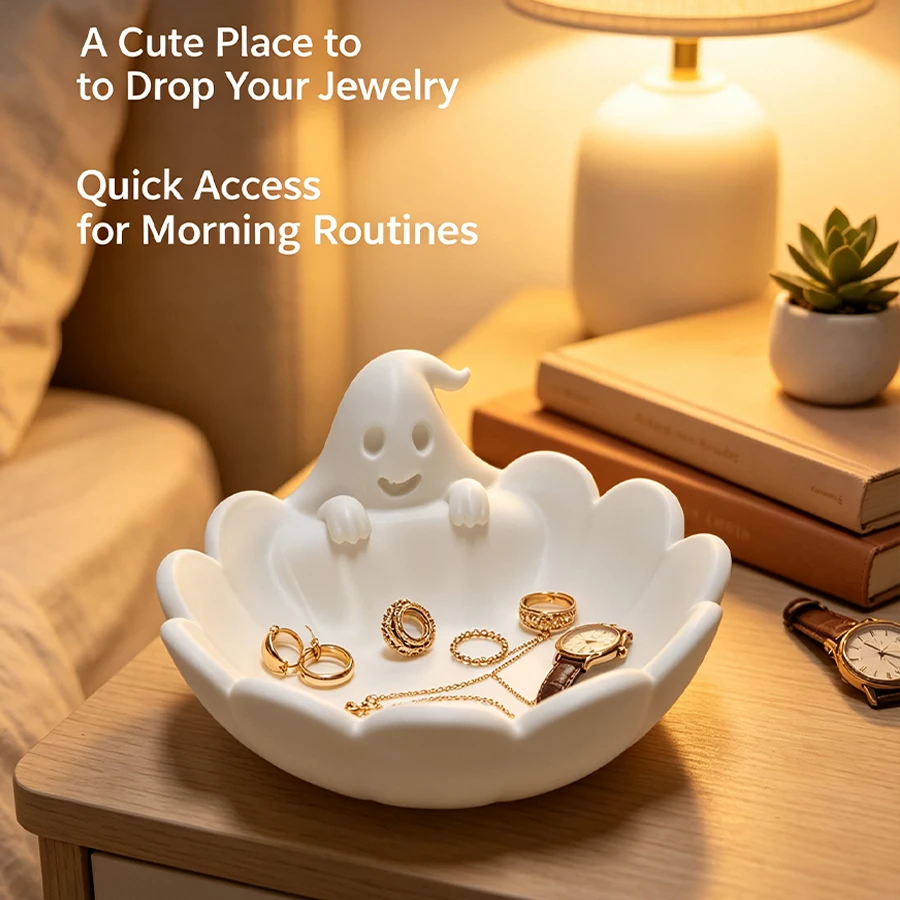 Multifunctional Matte White Ghost-Shaped Jewelry Storage Tray, Cute Ghost Design with Scalloped Edge Jewelry Dish, Jewelry Plate, Ring Earring Necklace Storage Rack, Jewelry Display Stand, Vanity Table Bedside Table Entryway Bathroom Desktop Miscellaneous Storage Tray, Modern Minimalist Nordic Style with Soft Matte Finish, Daily Essentials Tray, Daily Jewelry Storage, Home Bedroom Countertop Decoration, Gift for Girls, Bridesmaid Gift, Good Item for Gifts