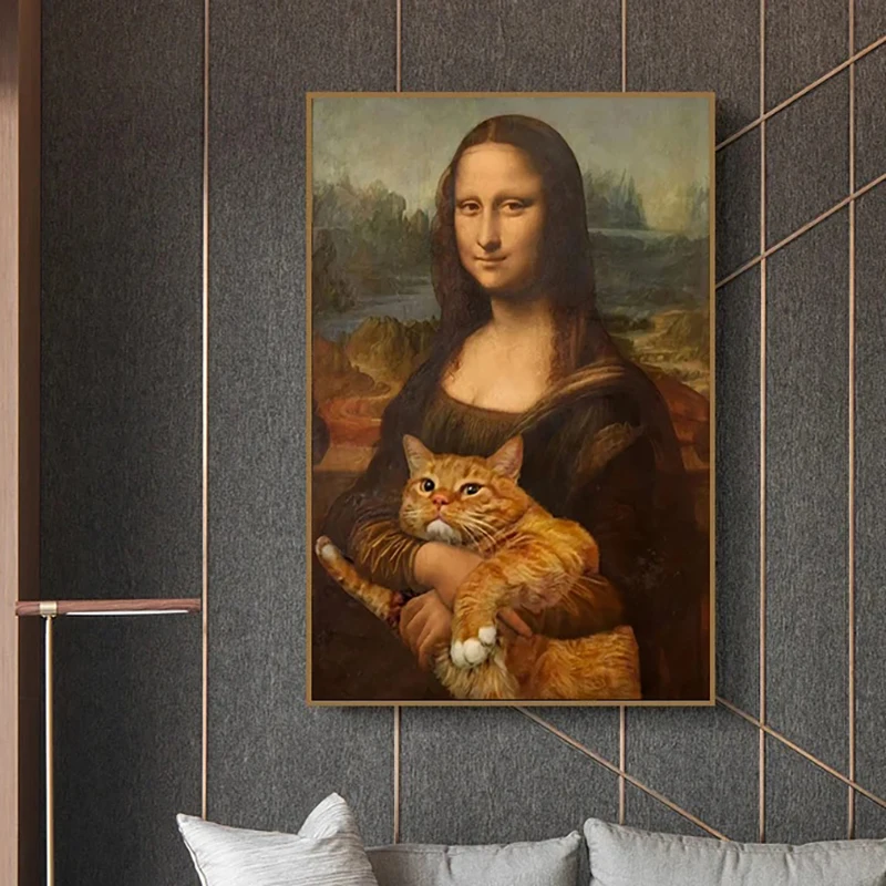 مضحك الموناليزا مع القط فقاعة الملصقات والمطبوعات الموناليزا لوحات فنية جدارية بار فندق قماش اللوحة جدارية غرفة ديكور #5