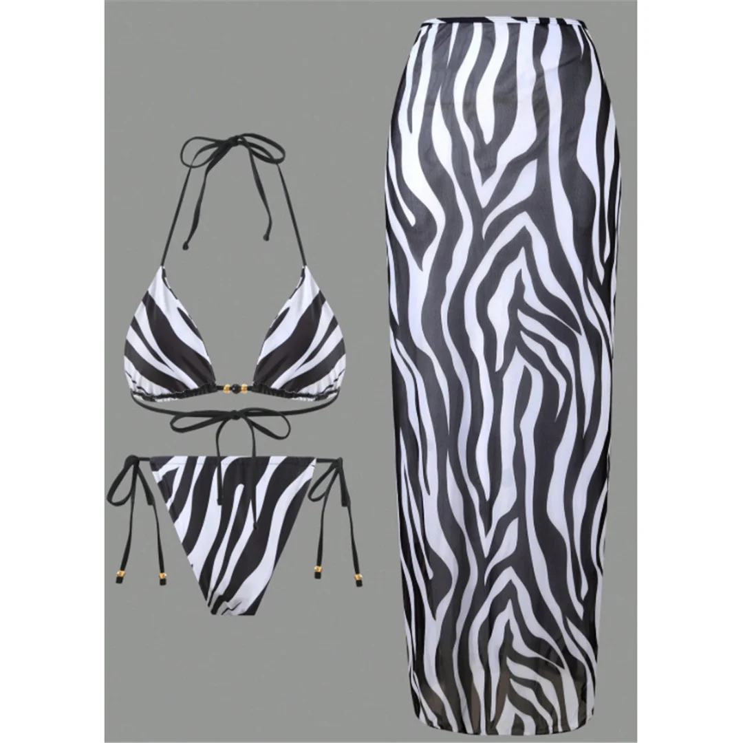 S - XL 3-teiliges Set mit Rock, Zebra-Halter-Bikini, Damen-Badebekleidung, dreiteiliger Bikini, Badeanzug, Badebekleidung, Schwimmbekleidung V6768 – Detail 15