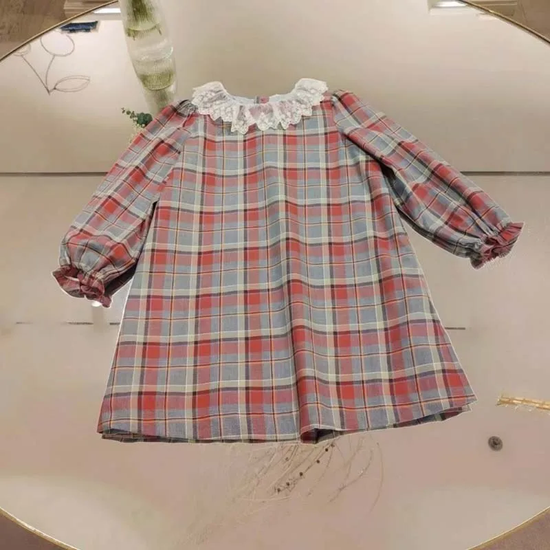 

In Stock 2025 Autumn BP Baby Girl Dress Plaid Lace Collar Versatile Dress All Cotton Woven Round Neck Plaid Dresses for Birthday