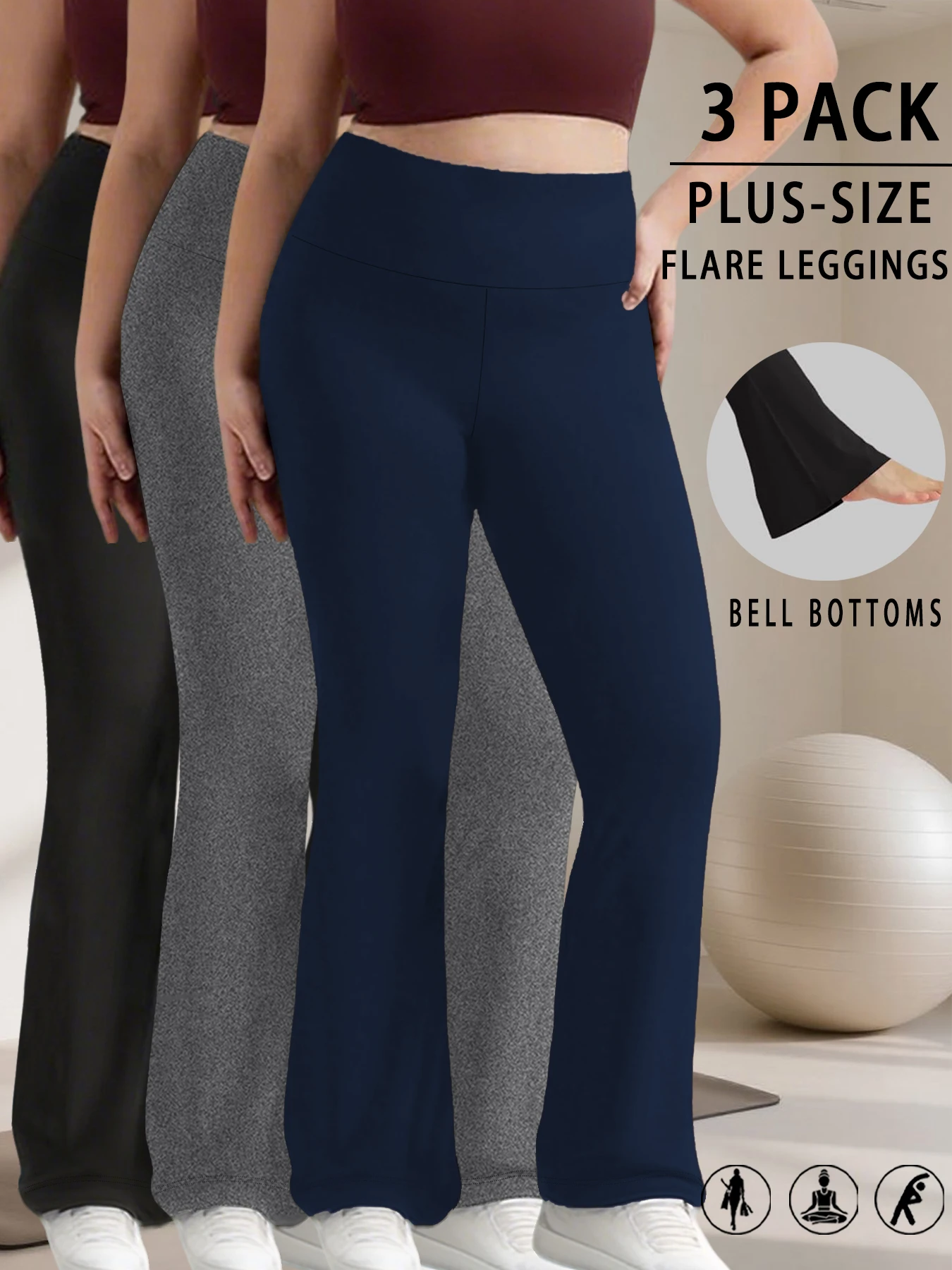 

3 Pack Plus Size Ladies high-rise flared yoga trousers with leg bottom. Perfect for yoga or casual.