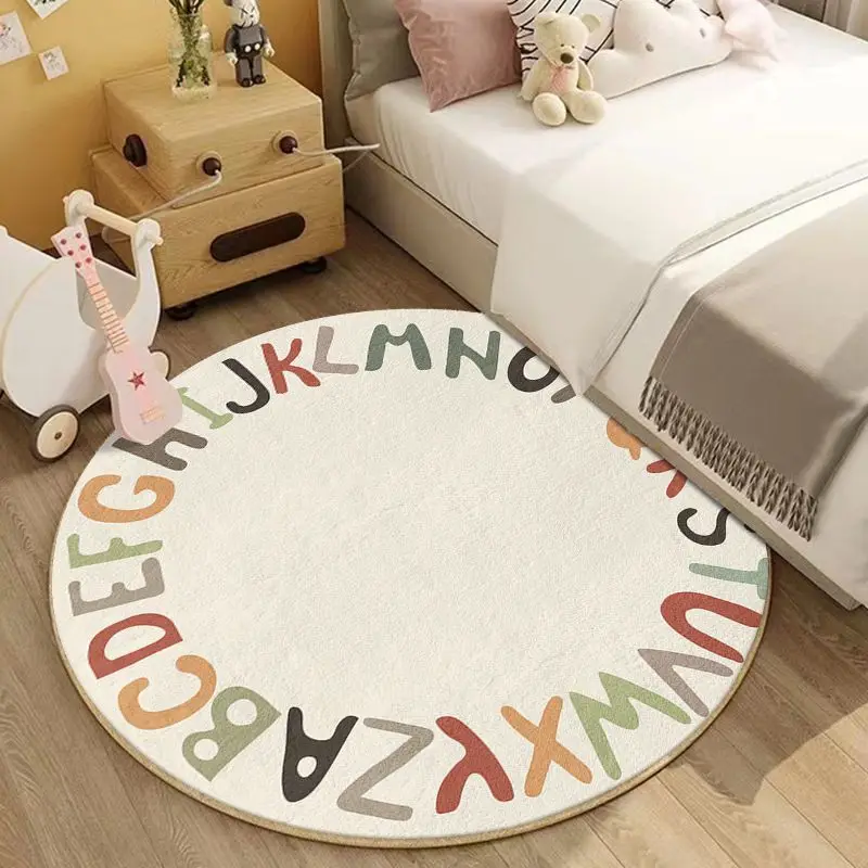 Round Letter Cartoon Carpet for Living Room Imitation Cashmere Kids Bedroom Cute Crawling Mat Babe Bedside Area Rug Home Decor