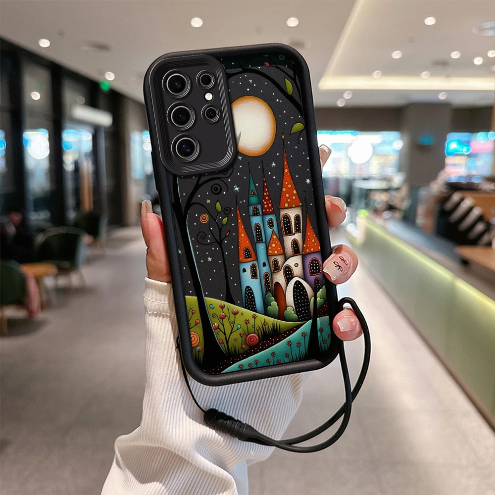 Hand Painted Forest House Illustration Phone Case for Samsung S24 S23 S22 S21 S20 Plus Soft Silicone TPU Cover with Hand Strap