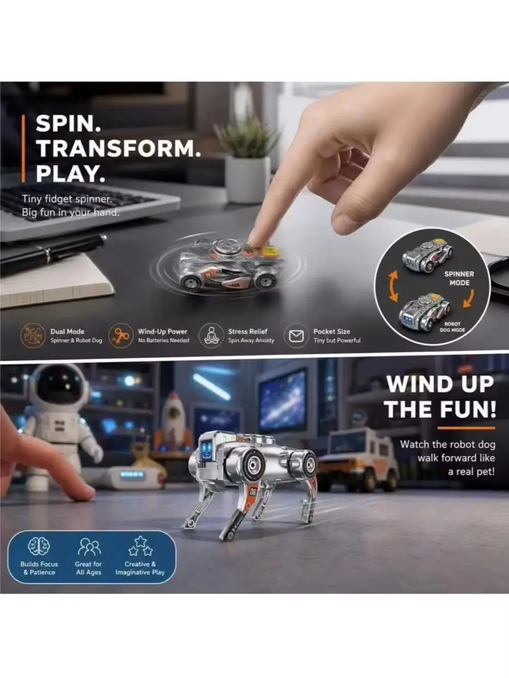 Transformierender Roboterhund Fidget Spinner 360° Drehbarer Verformbarer Roboter Stressabbau-Spielzeug Sensorisches Spielzeug für Erwachsene Geburtstagsgeschenk