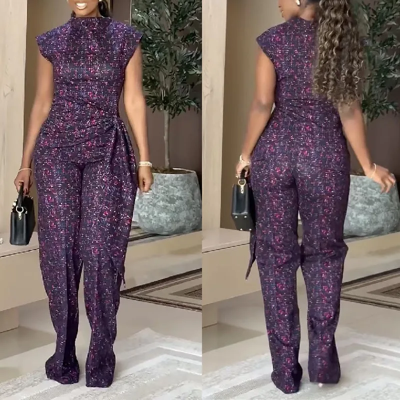 

Elegant Women's African Print 2 Piece Set Ruched High Neck Sleeveless Top + Wide Leg Pants Set Elegant Office Party Outfit