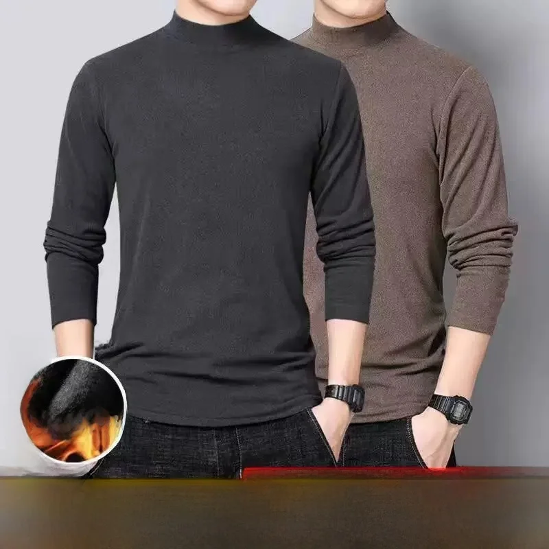 Thickened Fleece Warm Underwear T-shirt for Men Half High Collar Long Sleeve Casual Style Polyester Fiber Thermal Regulation