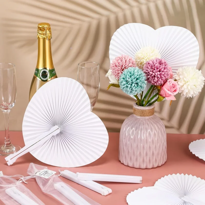 20/100 PCS Éventails en papier pliables en forme de cœur et ronds, pour peinture DIY, cadeaux pour invités de mariage et anniversaire, décoration de fête pour enfants