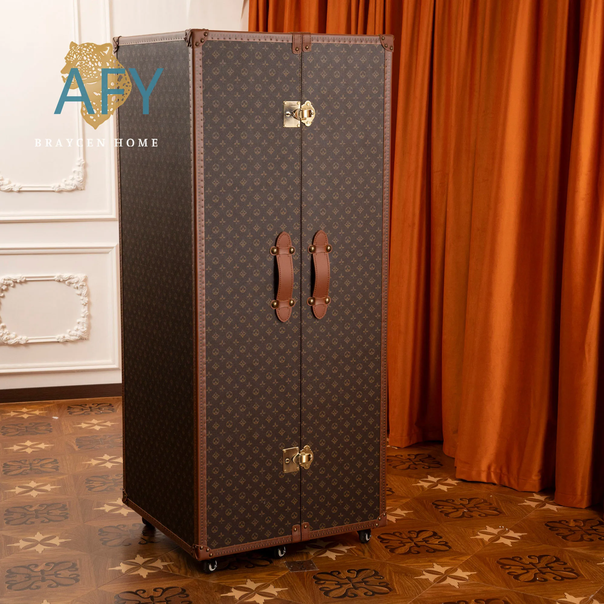 Wine Cabinet for Hotel VIP Room Villa House Wood Tall Full Top Grain Leather 2 Doors Living Room Whisky Display Cabinet Bar