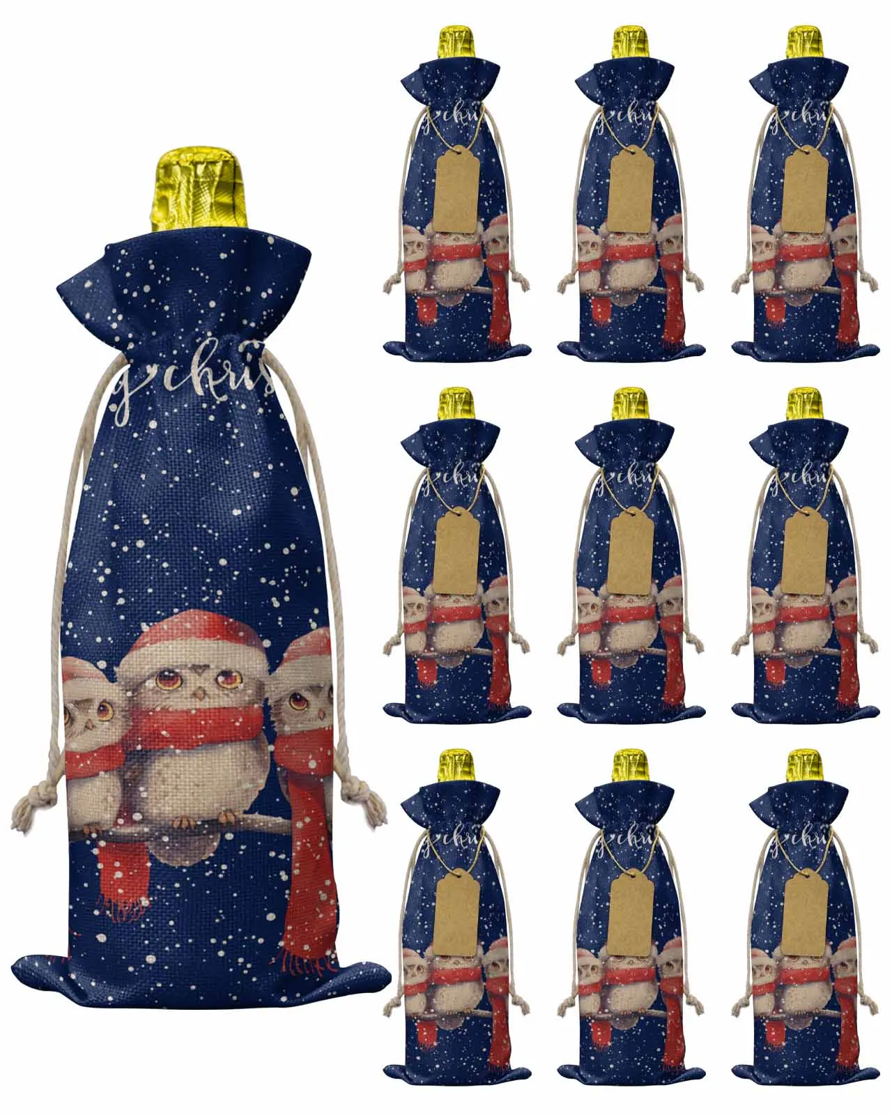 10pcs Owl Snowflake ChristmasWine Bottle Bag with Drawstring Festive Party Decor Wine Bottle Covers Gift