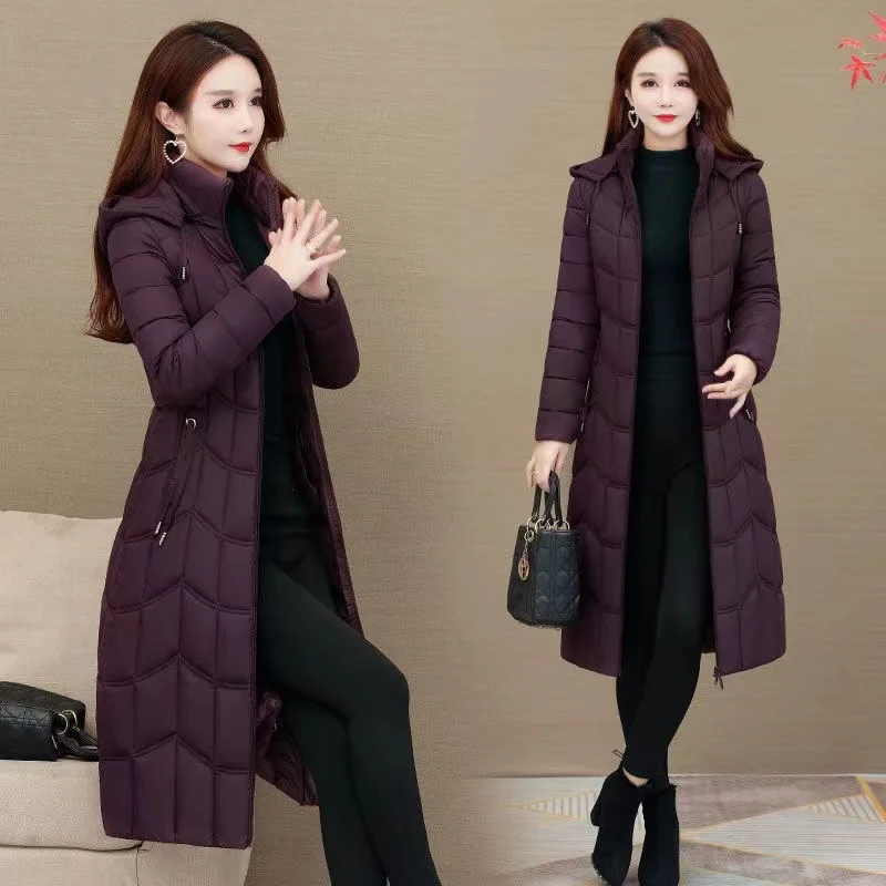 Chaqueta larga de plumón grueso con capucha para mujer, Abrigo recto elegante, Parkas femeninas de moda coreana, invierno, 2024