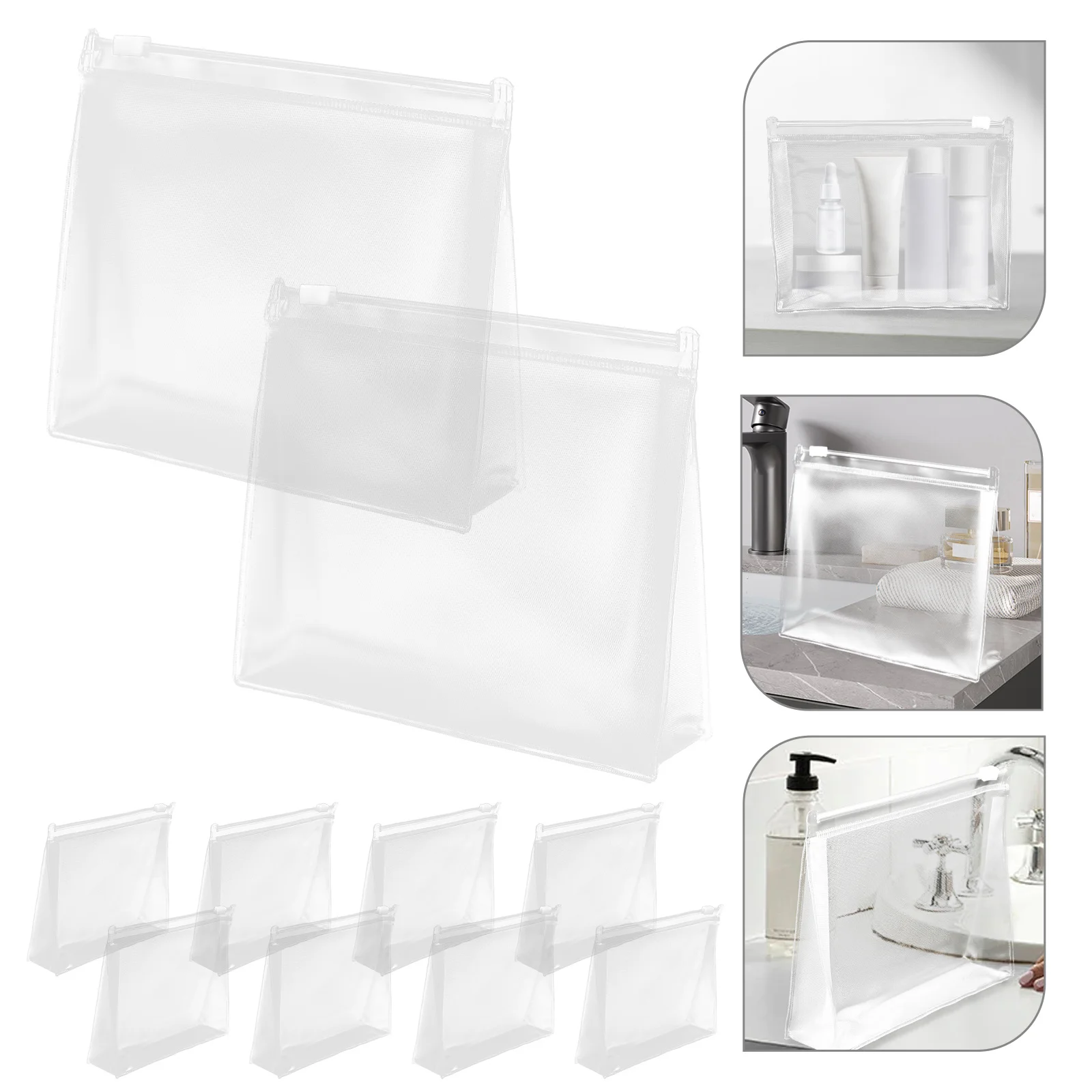 10 قطع من حقائب أدوات الزينة الشفافة للسفر، حقيبة مكياج للنساء، فتحة كبيرة، منظم مانع للتسرب، حجم السفر، تعبئة أساسيات