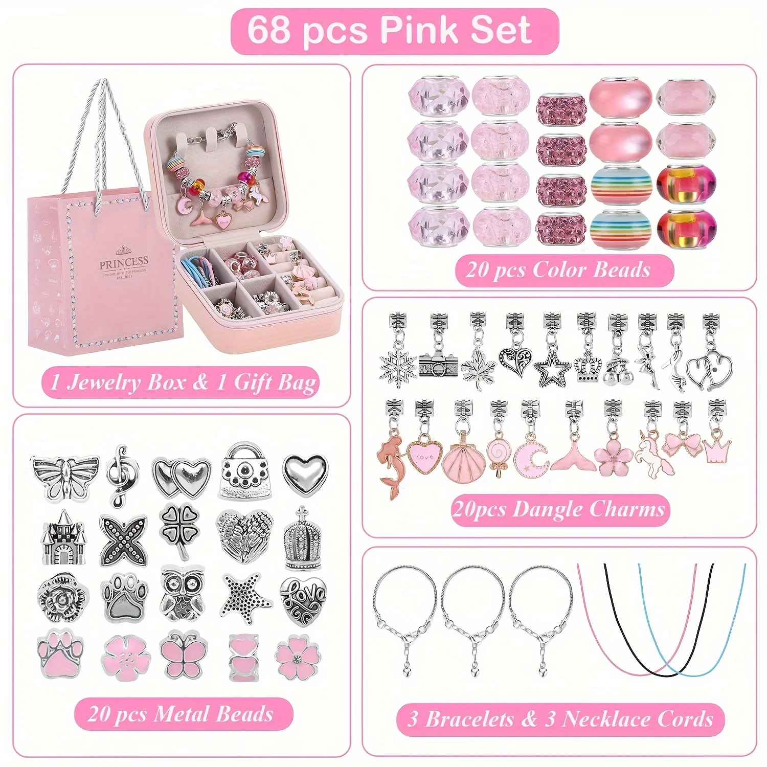 68Pcs Beads Charms Bracelet Making Kit, DIY Beaded Bracelet Necklace Making Gift Box, Unicorn & Mermaid Series Charms Gifts Set