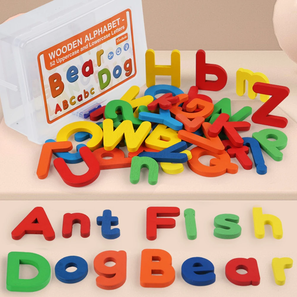 Set di alfabeti in legno da 52 pezzi, giocattoli educativi per bambini, lettere colorate, giocattolo per l'apprendimento cognitivo per bambini, motore fine