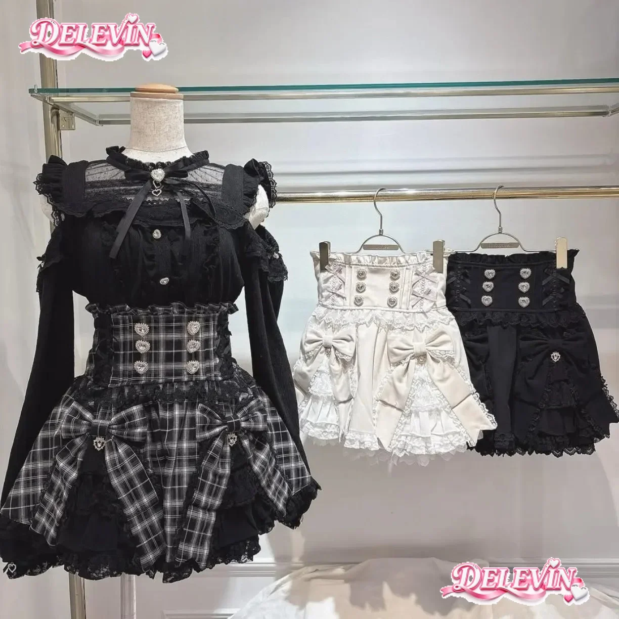 Japanese Liz Skirts Sweet Girl Heart Buckle Double Bow Lace Patchwork High-waisted Mini Skirts Kawaii Elegant Short Lolita Skirt