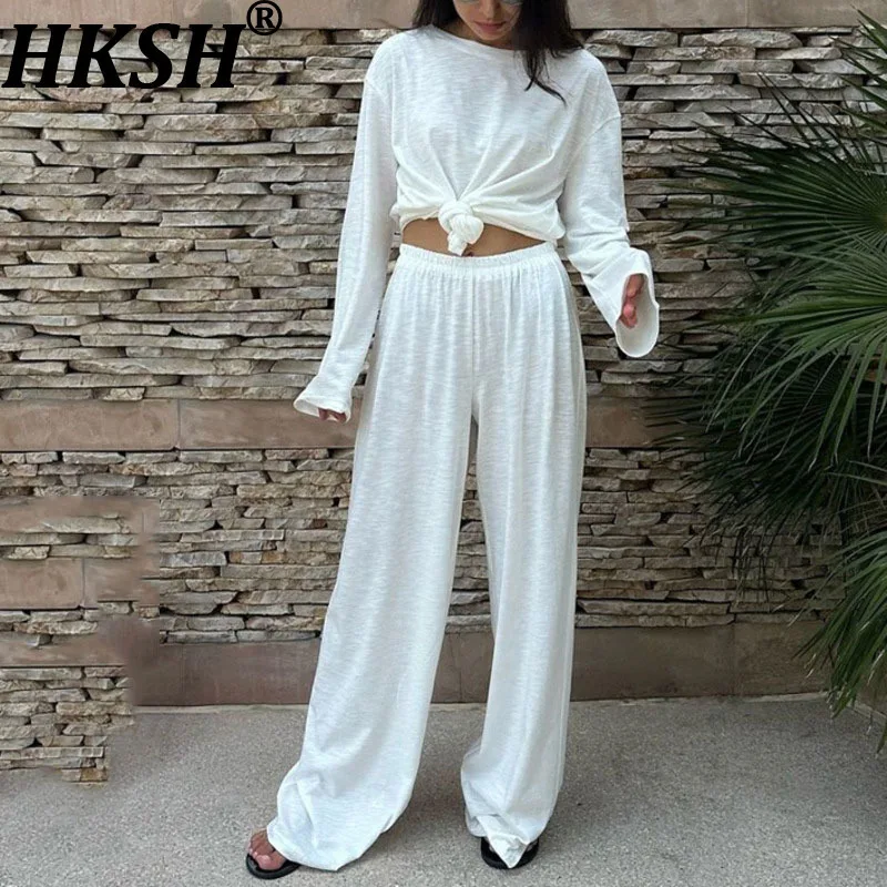

HKSH Autumn Winter Women Fashion Concise Two-Piece Set Simple Round Neck Long Sleeve Base T-shirt Tops Casual Trend Pants HK8661