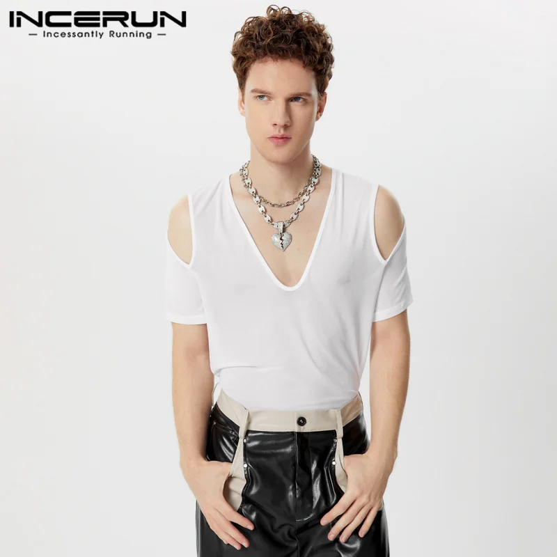 Sexy Stylish Style Tops INCERUN Mens Mesh Elastic Shoulder T-shirts Party Clubwear Male Thin V-neck Short Sleeved Camiseta S-5XL