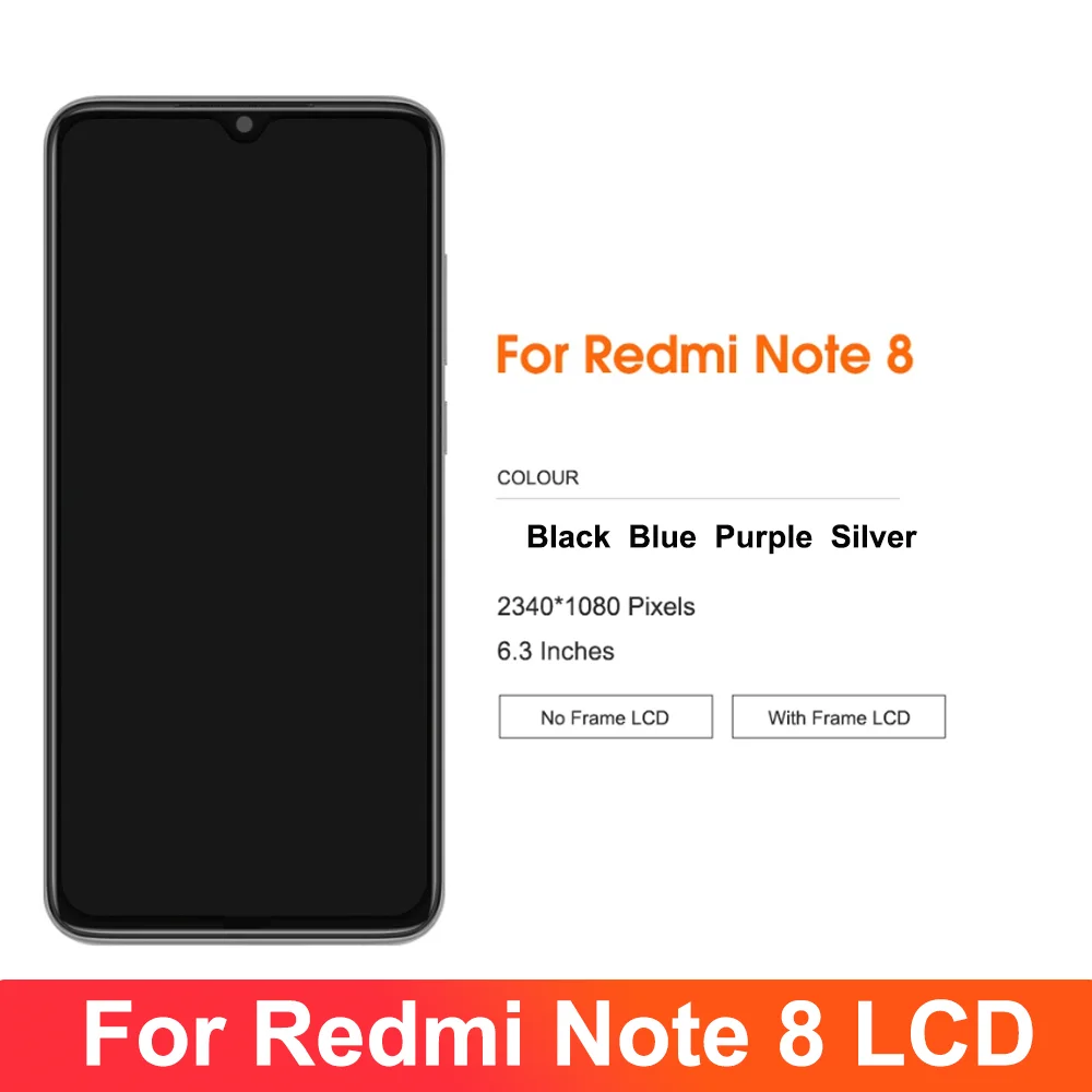 For Xiaomi Redmi Note 8 LCD Display Touch Screen, For Redmi Note8 M1908C3JH, LCD Display Replace, with Frame