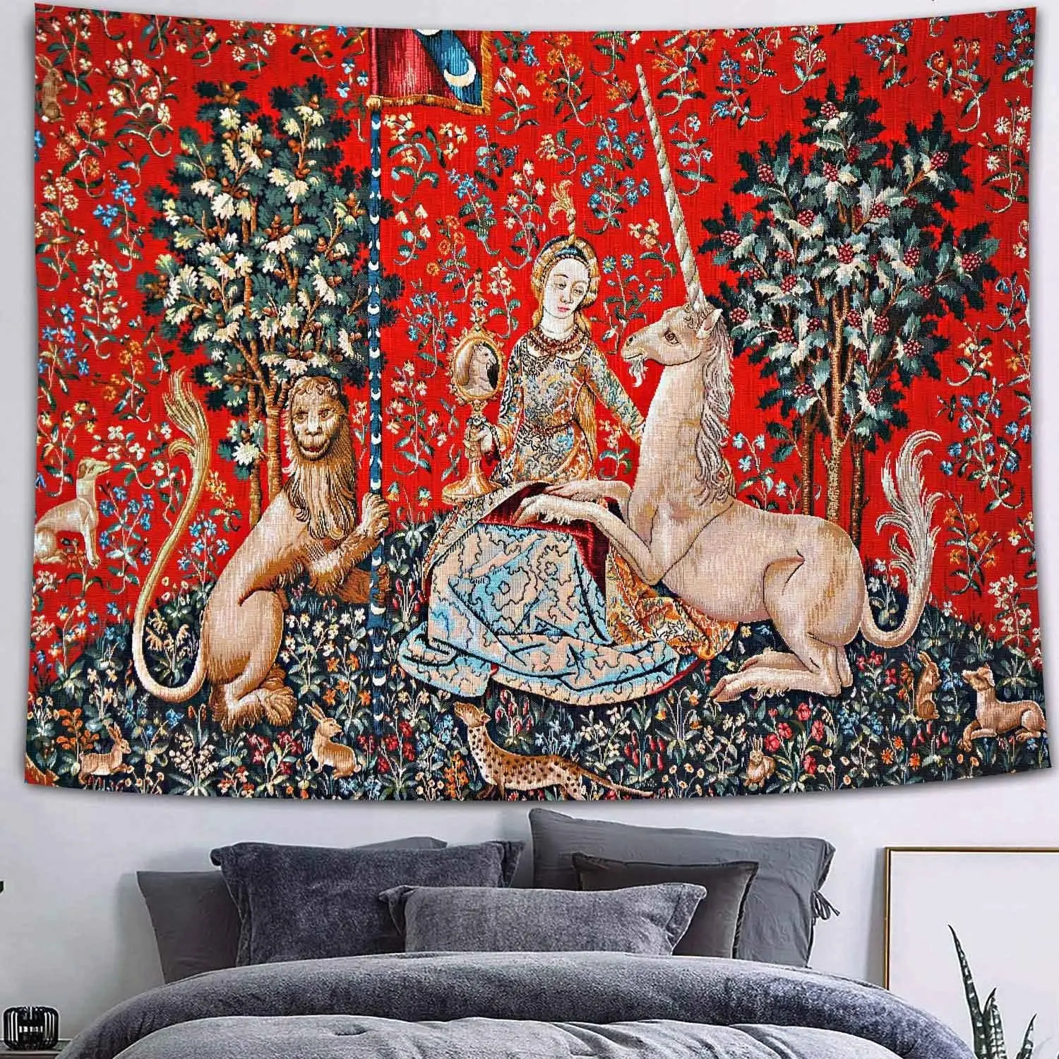 Medieval Unicorn Tapestry,Vintage Noble Lady Unicorn Lion Forest Animal Art Wall Hanging,Cozy Mystic Home Background Cloth Decor