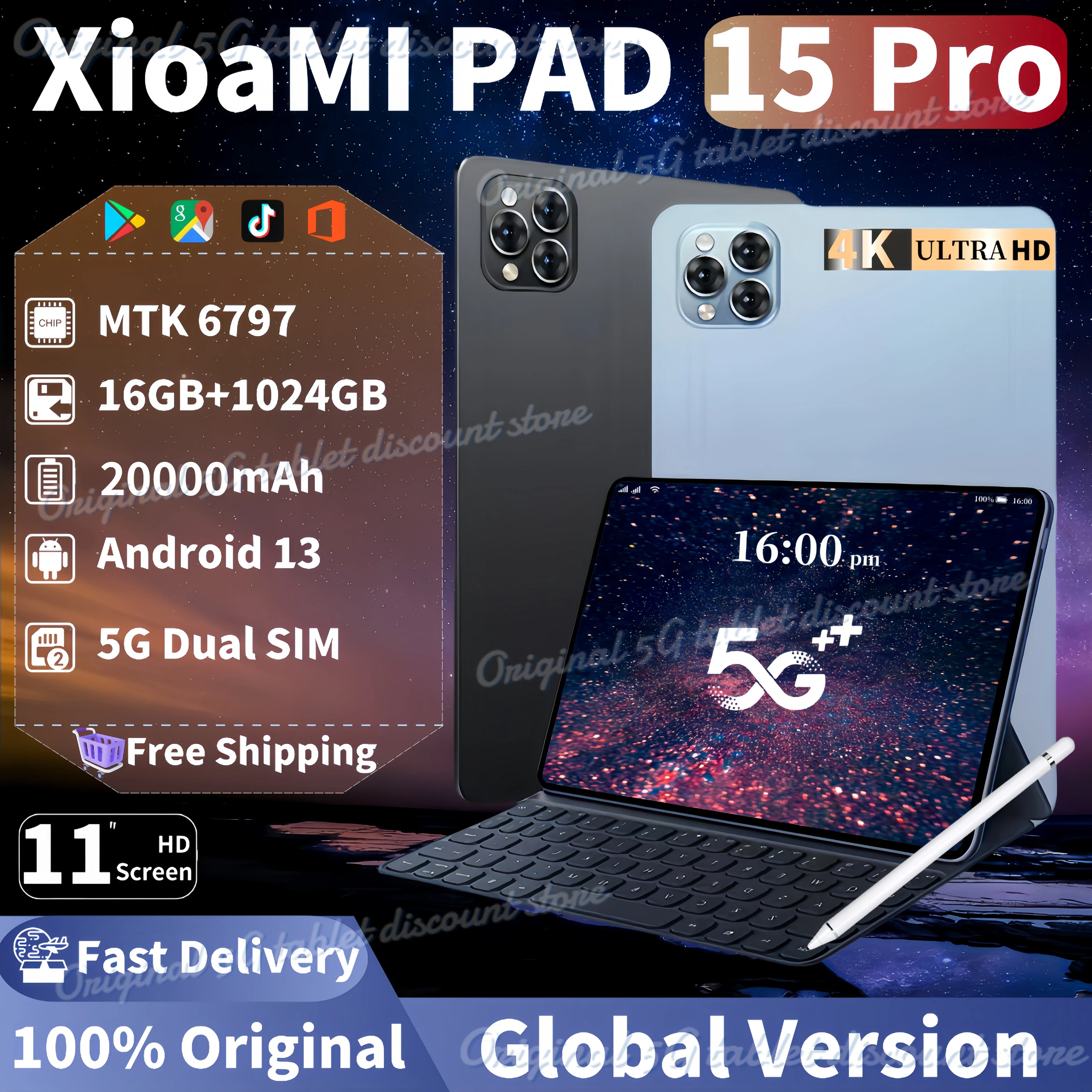 2024 Hot Global Version Original Pad 15 Pro Tablet Android13 16GB+1TB 11Inch 4K 20000 mAh Dual SIM 5G Phone Call WiFi Tablet PC