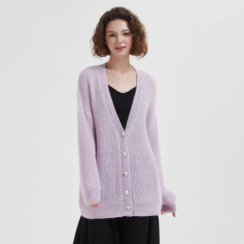 BAHTLEE-Women's Mohair Cardigan, Knitted Sweater, V-Neck, Solid Long Sleeves, Wool Coat, Loose Style, Autumn