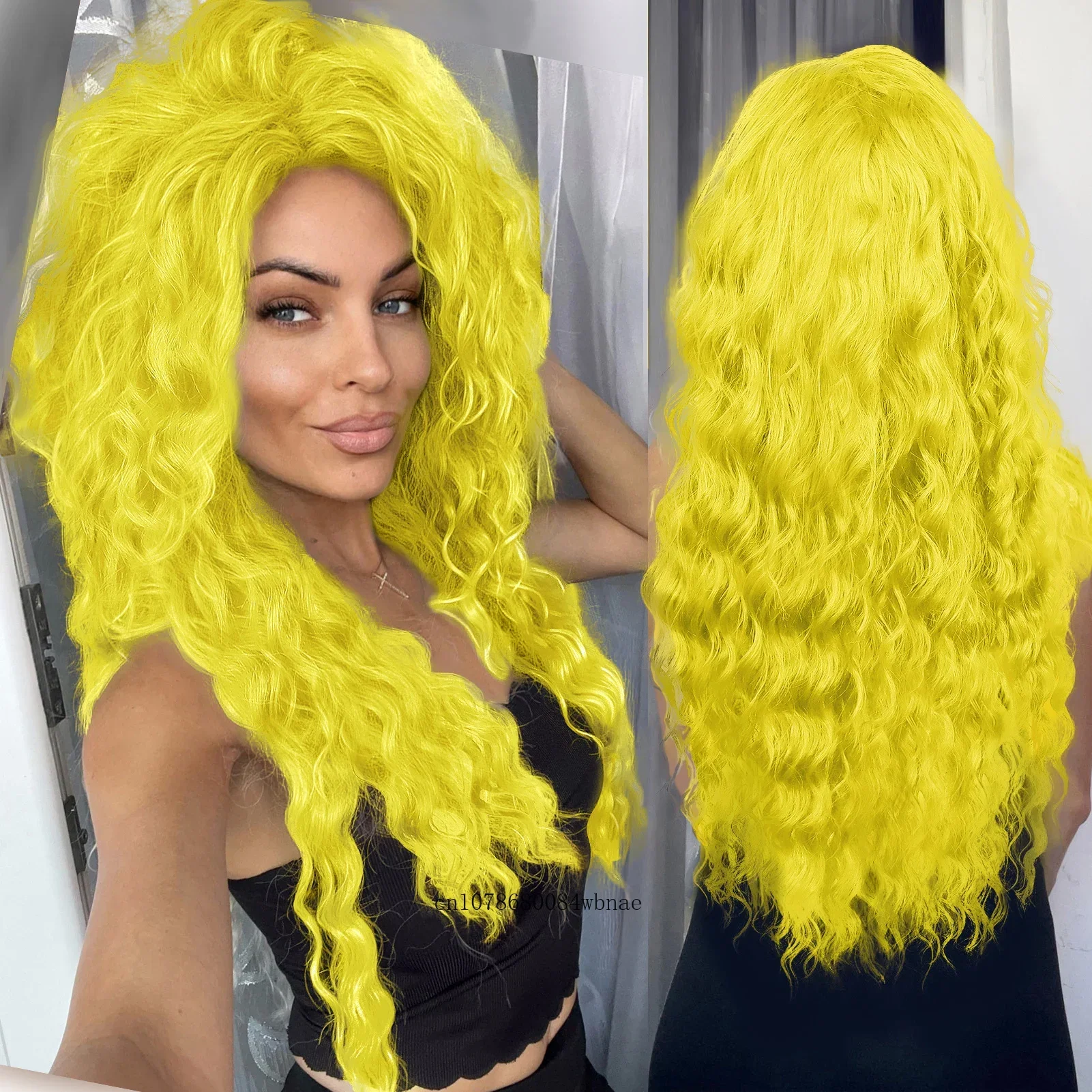 Synthetic Halloween Cosplay Yellow Costume Wig for Women Long Water Wave Wigs Fancy Dress Party Heat Resistant Natural Looking